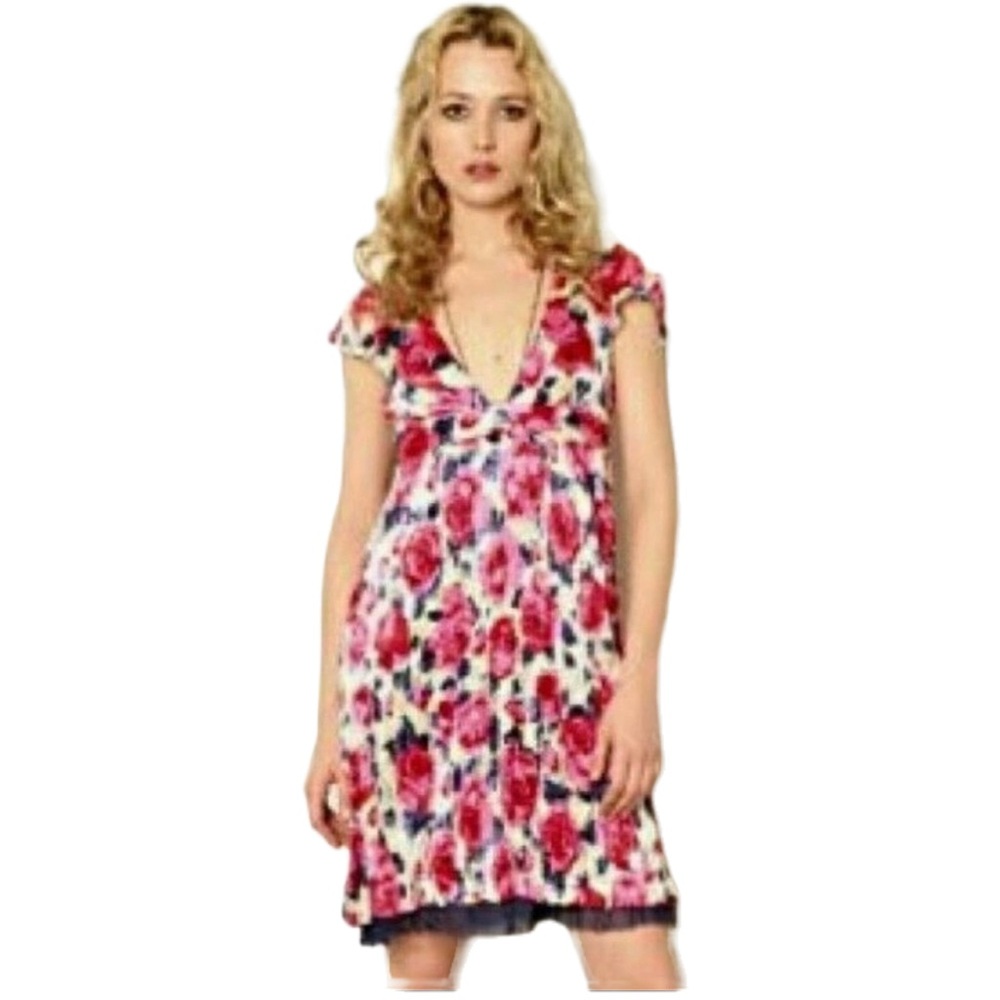 Free People Silk Dress Rose Blossom Print Tulle Underskirt Size 10